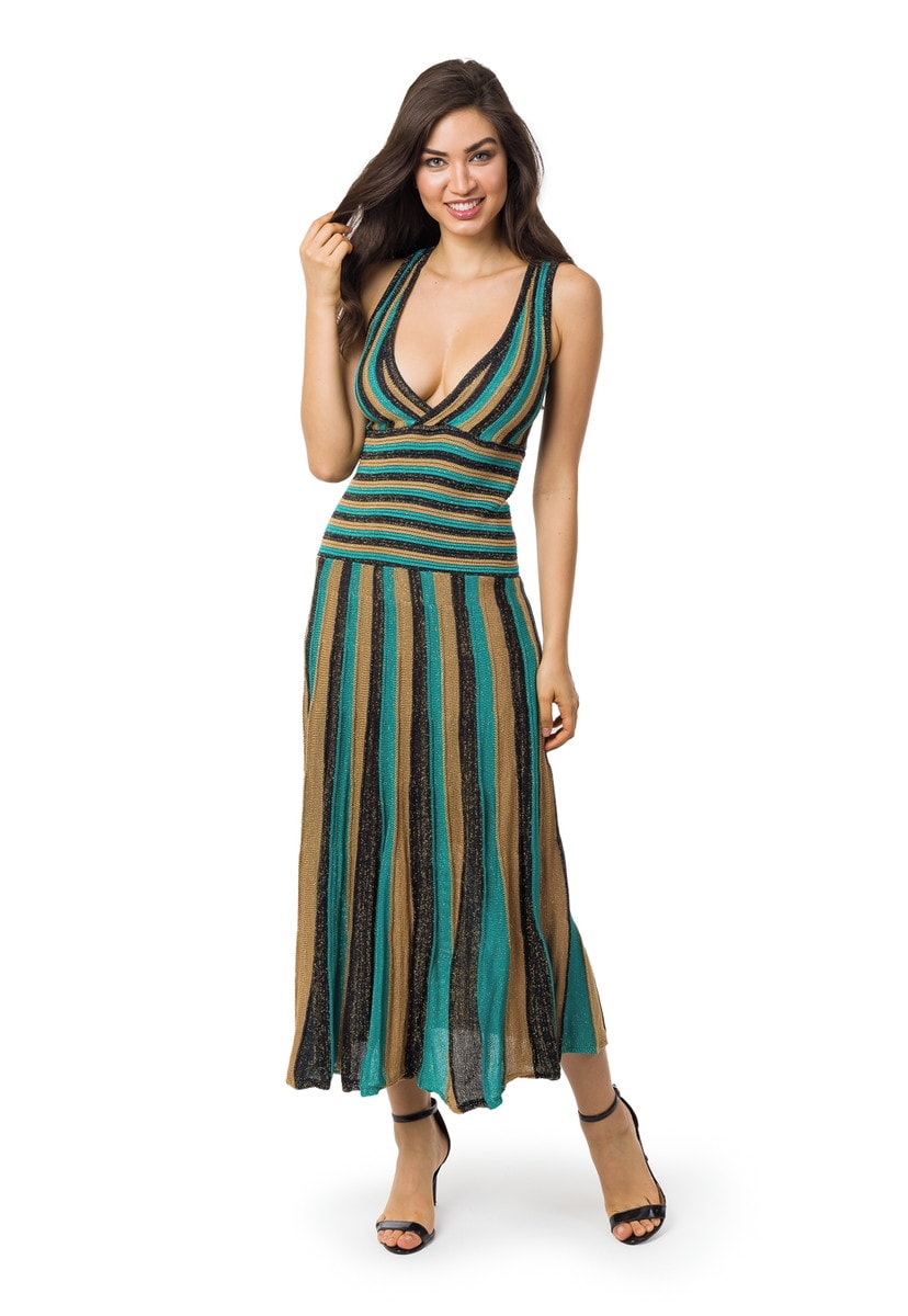 Vestido De Festa Longo Pink Tricot  Plissado Listrado Feminino Verde