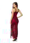 Vestido De Festa Longo Pink Tricot Rendado com Pérolas De Tricô com Fenda Feminino Bordô