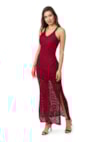 Vestido De Festa Longo Pink Tricot Rendado com Pérolas De Tricô com Fenda Feminino Bordô