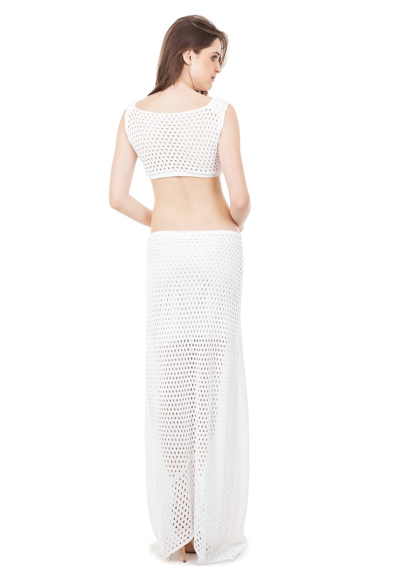 Vestido De Festa Longo Tricot com Detalhe em Argola e Decote na Cintura Branco