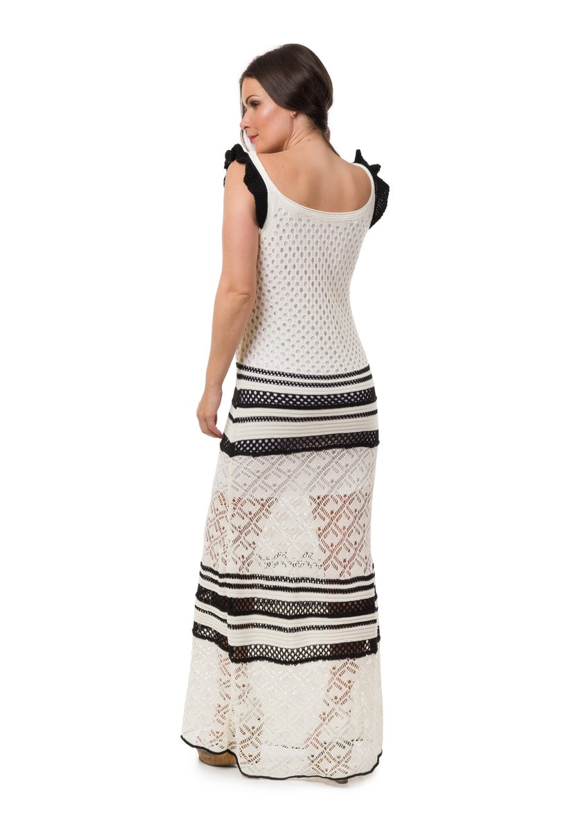 Vestido De Festa Pink Tricot Longo Alças Babados Listras Feminino Off White