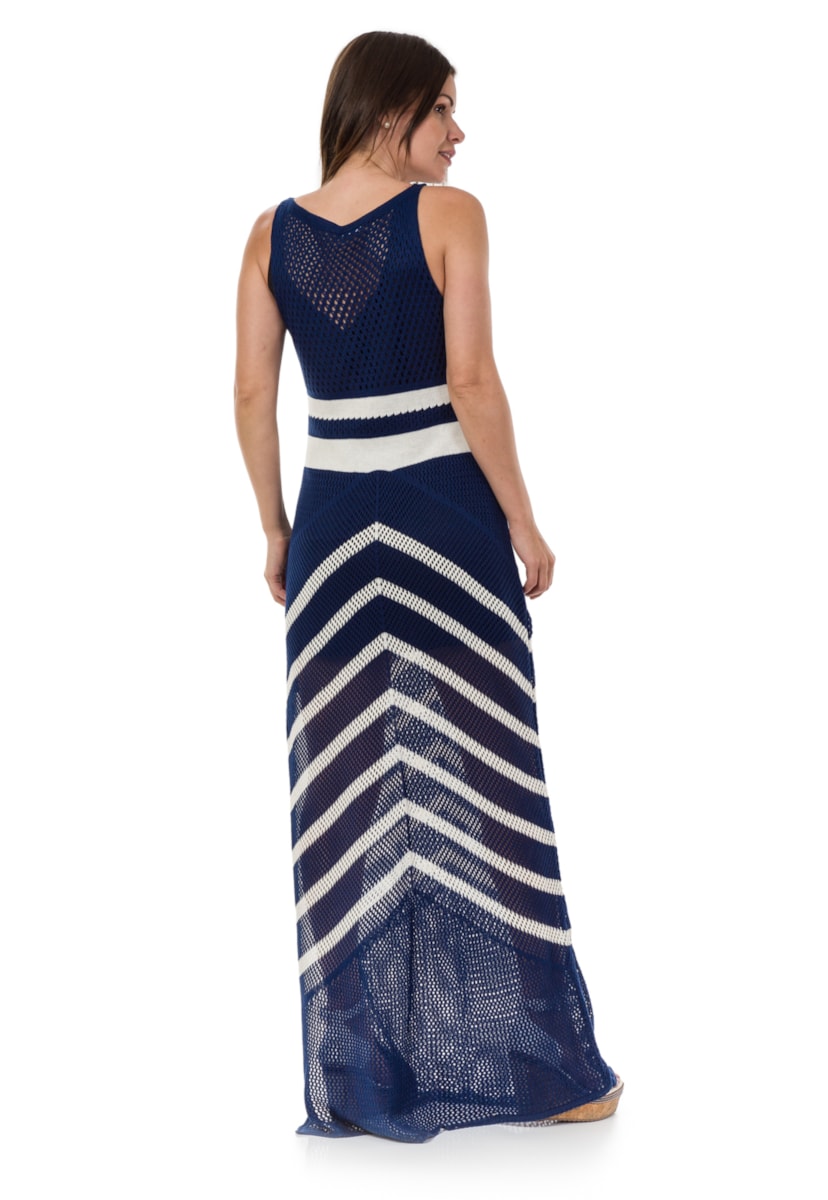 Vestido De Festa Pink Tricot Longo Com Listras De Tricô Feminino Azul marinho