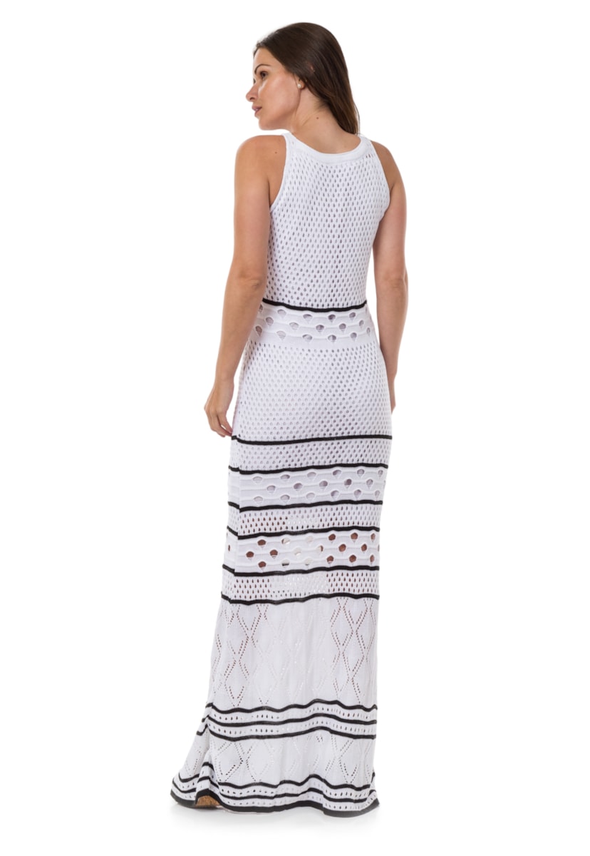 Vestido De Festa Pink Tricot Longo De Tricô Estampado Listras Feminino Branco
