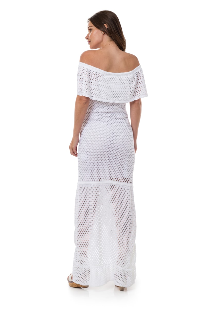 Vestido De Festa Pink Tricot Longo Ombro a Ombro com Fenda Feminino Branco
