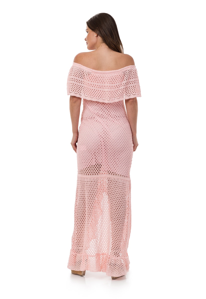 Vestido de Festa Pink Tricot Longo Ombro a Ombro De Tricô Feminino com Fenda Rosa Claro