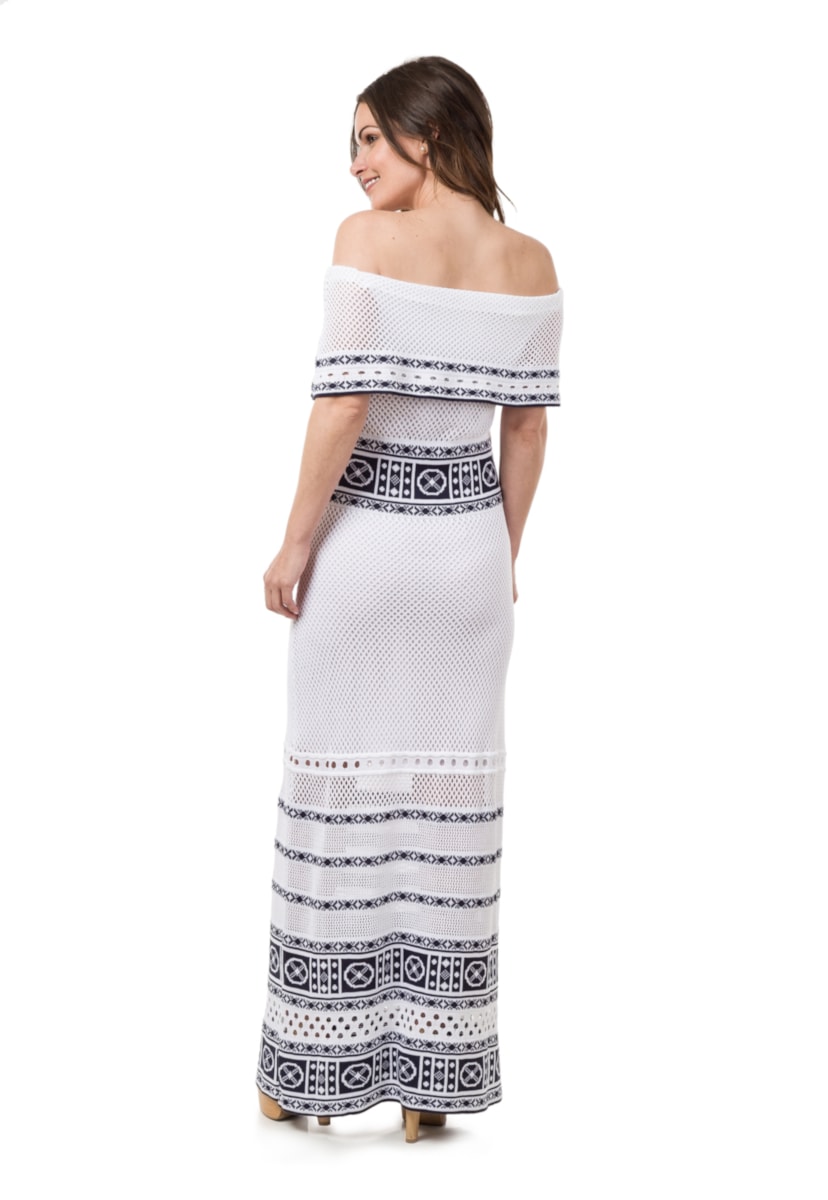 Vestido De Festa Pink Tricot Longo Ombro a Ombro Feminino Branco/Azul Marinho