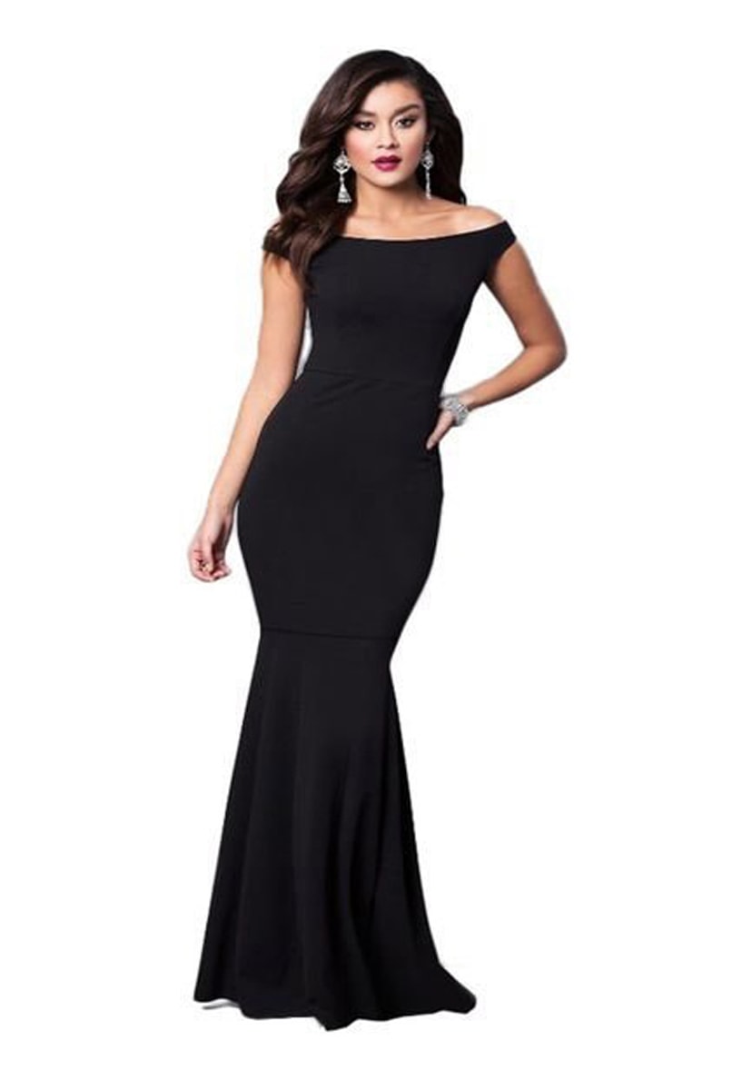 Vestido De Festa Pink Tricot Longo Ombro a Ombro Sereia Feminino Preto