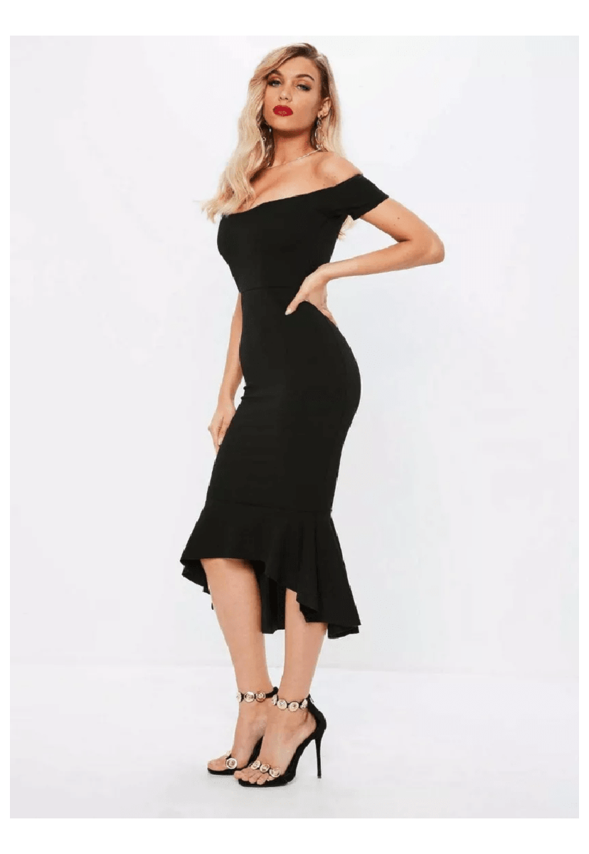 Vestido De Festa Pink Tricot Midi Ombro a Ombro Mullet Feminino Preto