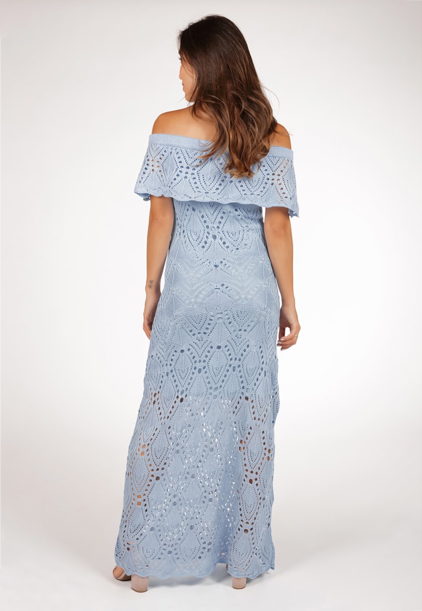 Vestido De Tricô Pala Para Festa De Casamento Pink Tricot Longo Ombro a Ombro Feminino Azul Claro