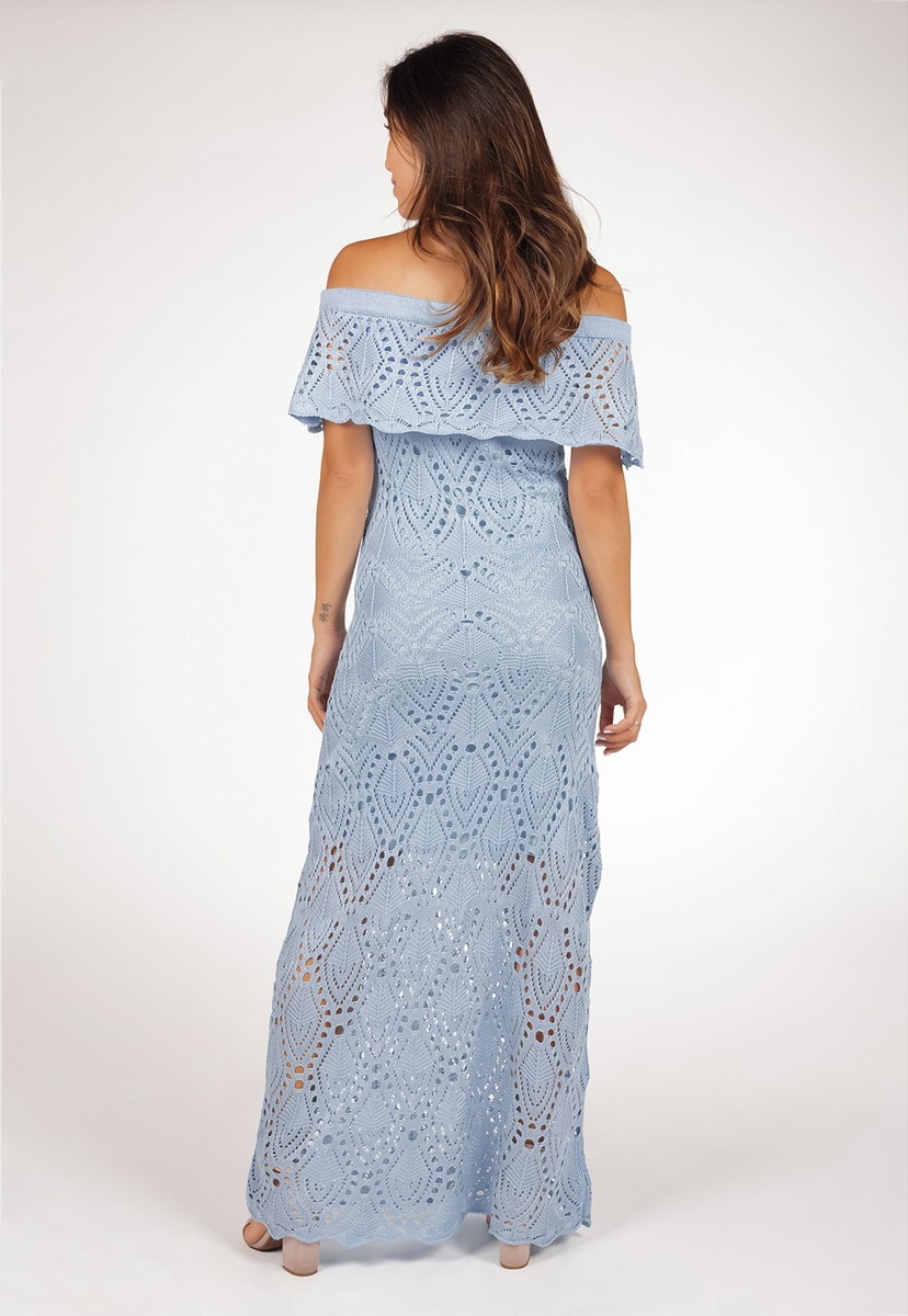 Vestido De Tricô Pala Pink Tricot Longo Ombro a Ombro Feminino Azul Claro