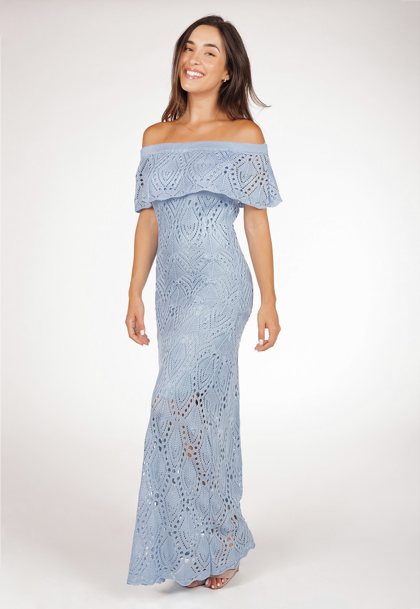 Vestido De Tricô Pala Pink Tricot Longo Ombro a Ombro Feminino Azul Claro