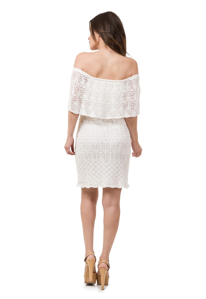 Vestido de Tricô Pink Tricot Curto Ombro a Ombro Feminino Off White