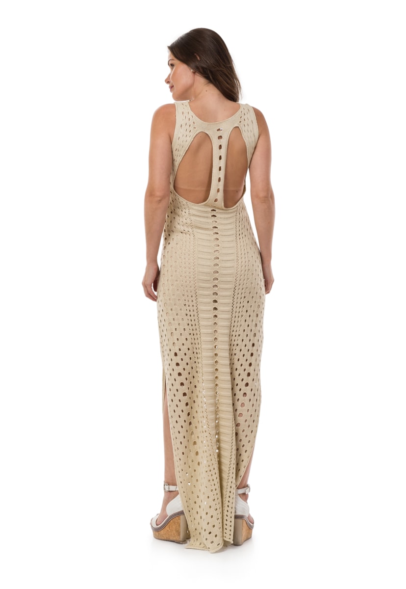 Vestido de Tricô Pink Tricot Longo com Fendas Destroyed Feminino Bege