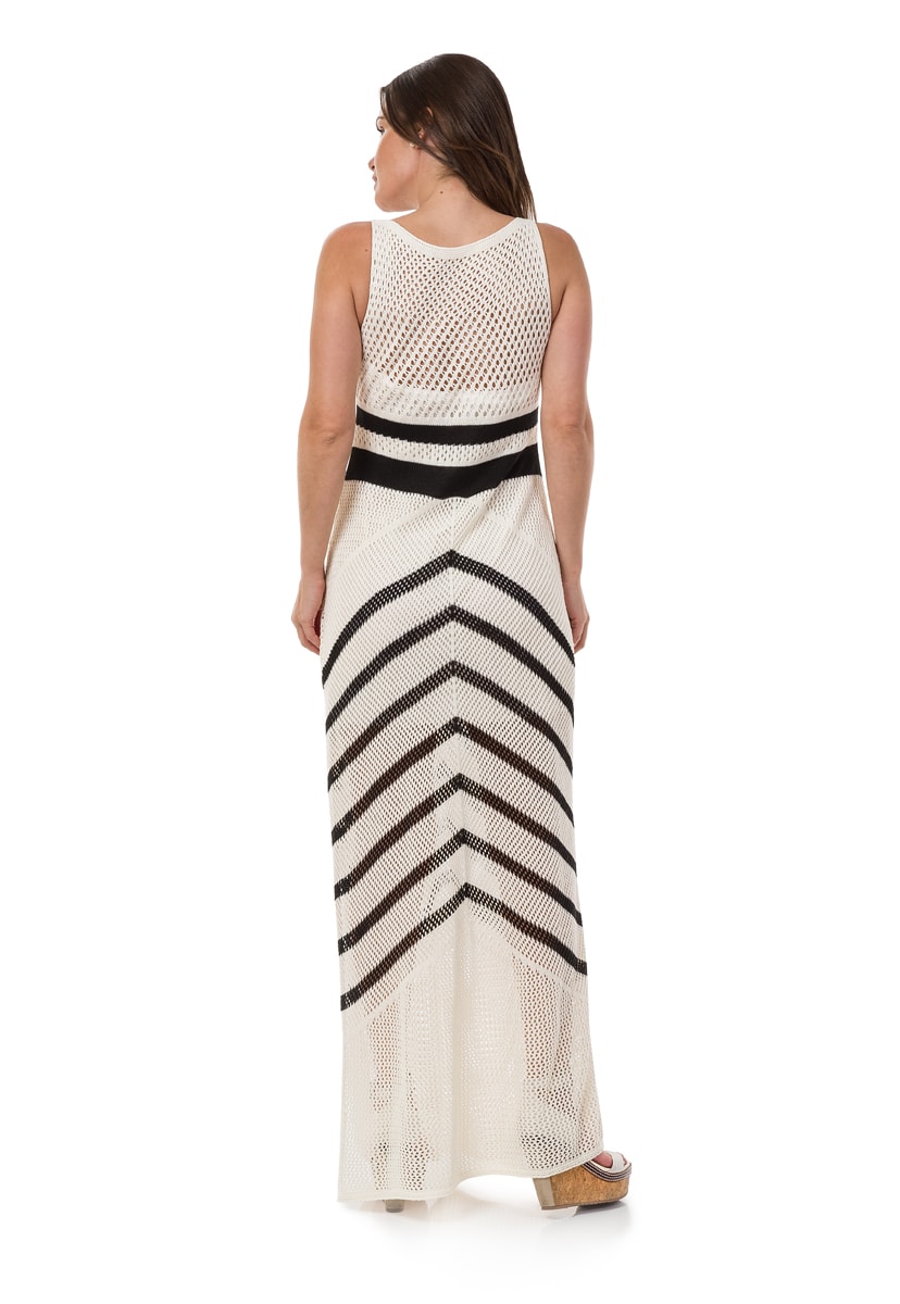 Vestido de Tricô Pink Tricot Longo Estampado em Listras Feminino Creme com Preto