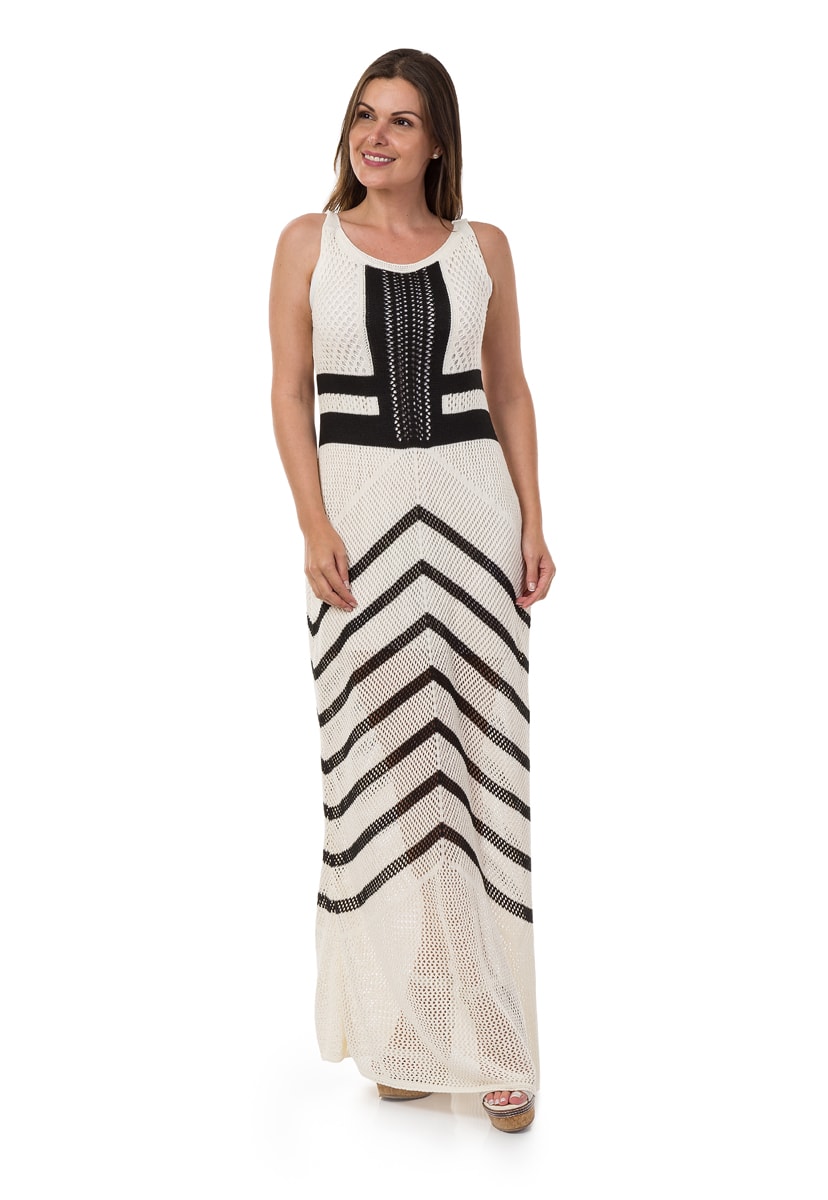 Vestido de Tricô Pink Tricot Longo Estampado em Listras Feminino Creme com Preto