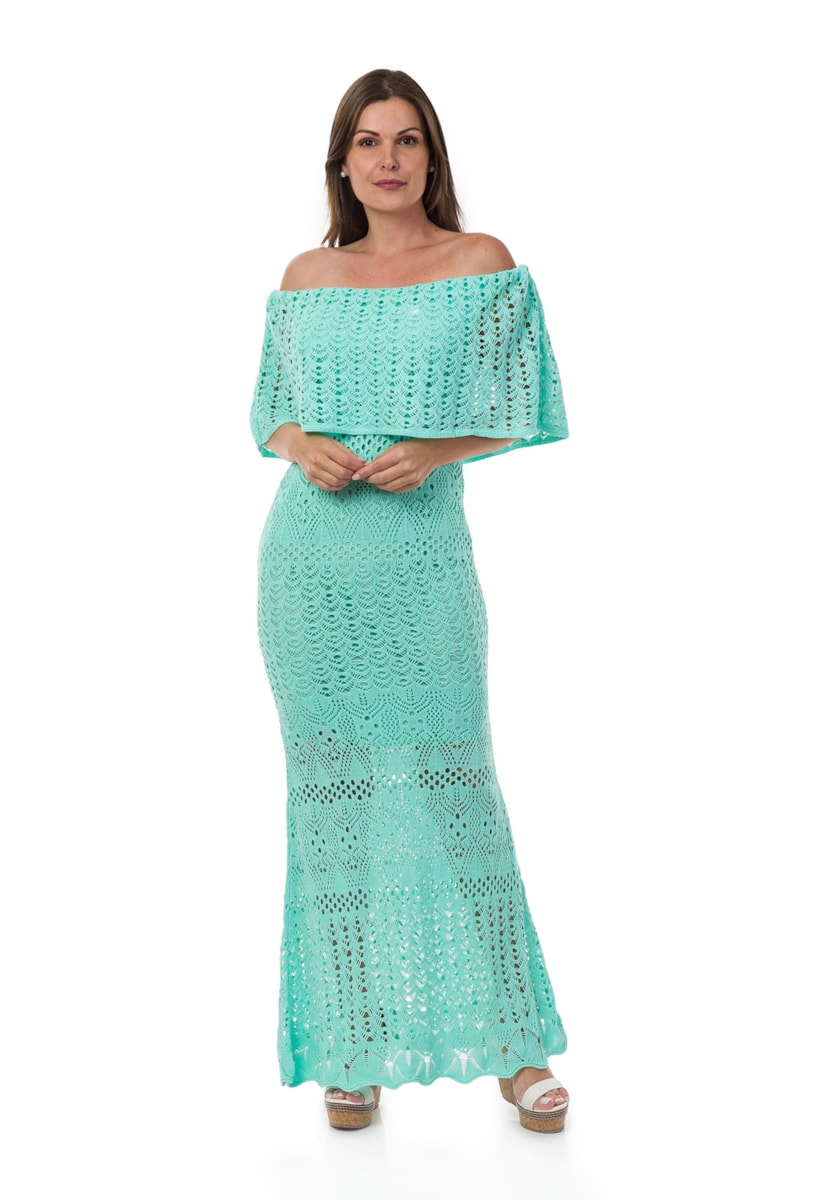 Vestido de Tricô Pink Tricot Longo Feminino Ombro a Ombro Sereia Verde Claro