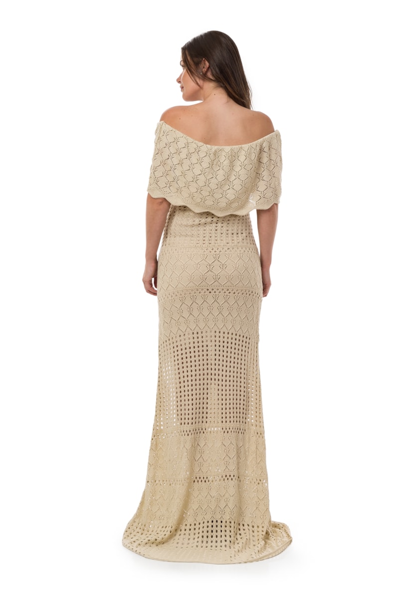 Vestido de Tricô Pink Tricot Longo Ombro a Ombro Feminino Bege