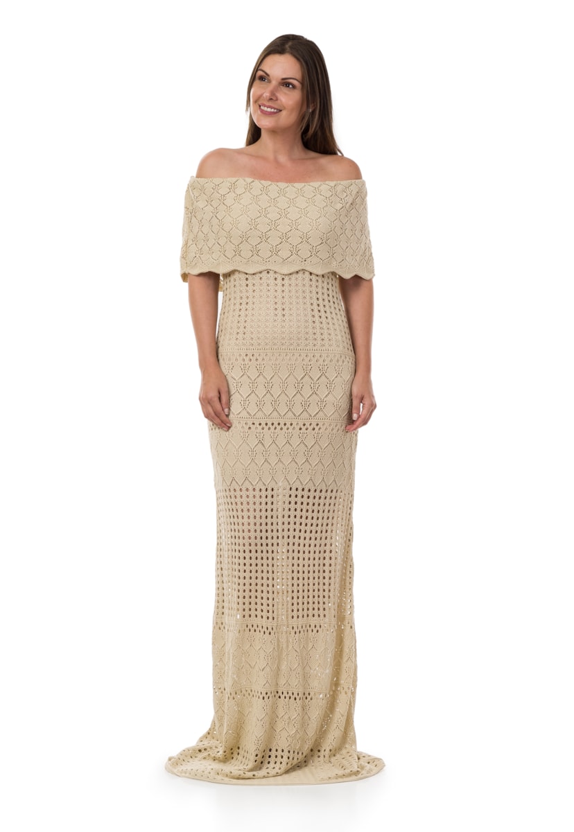 Vestido de Tricô Pink Tricot Longo Ombro a Ombro Feminino Bege