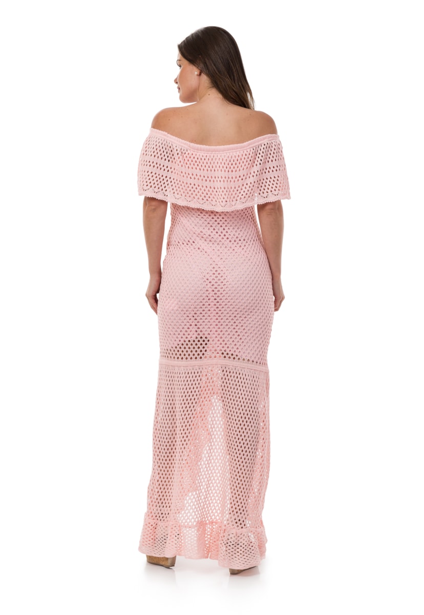 Vestido de Tricô Pink Tricot Longo Ombro a Ombro Feminino com Fenda Rosa Claro