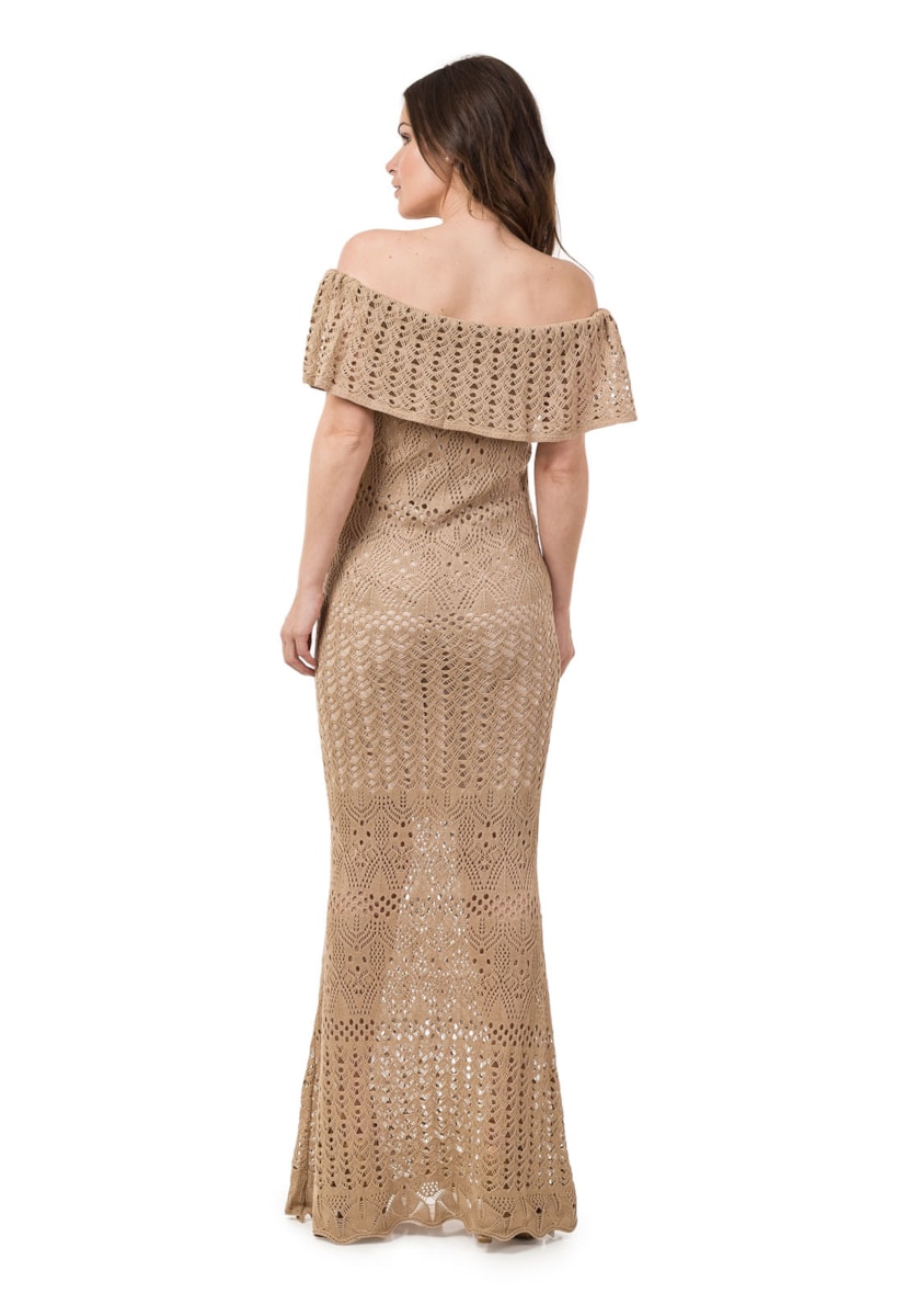 Vestido de Tricô Pink Tricot Longo Ombro a Ombro Sereia Feminino Dourado