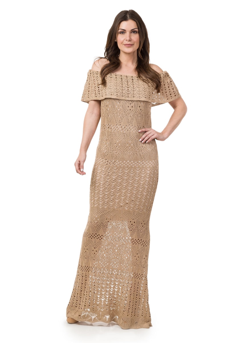 Vestido de Tricô Pink Tricot Longo Ombro a Ombro Sereia Feminino Dourado
