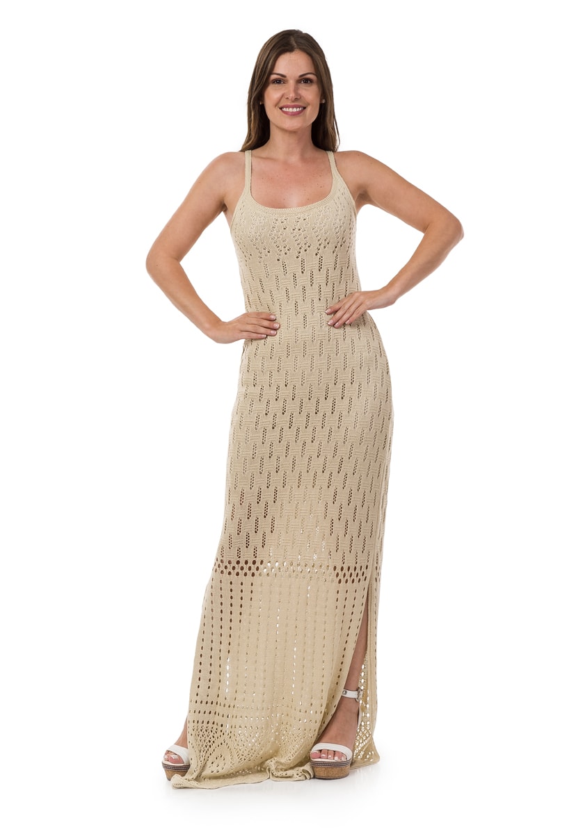 Vestido de Tricô Pink Tricot Longo Para Ensaio Pré-Wedding com Fenda Feminino Bege
