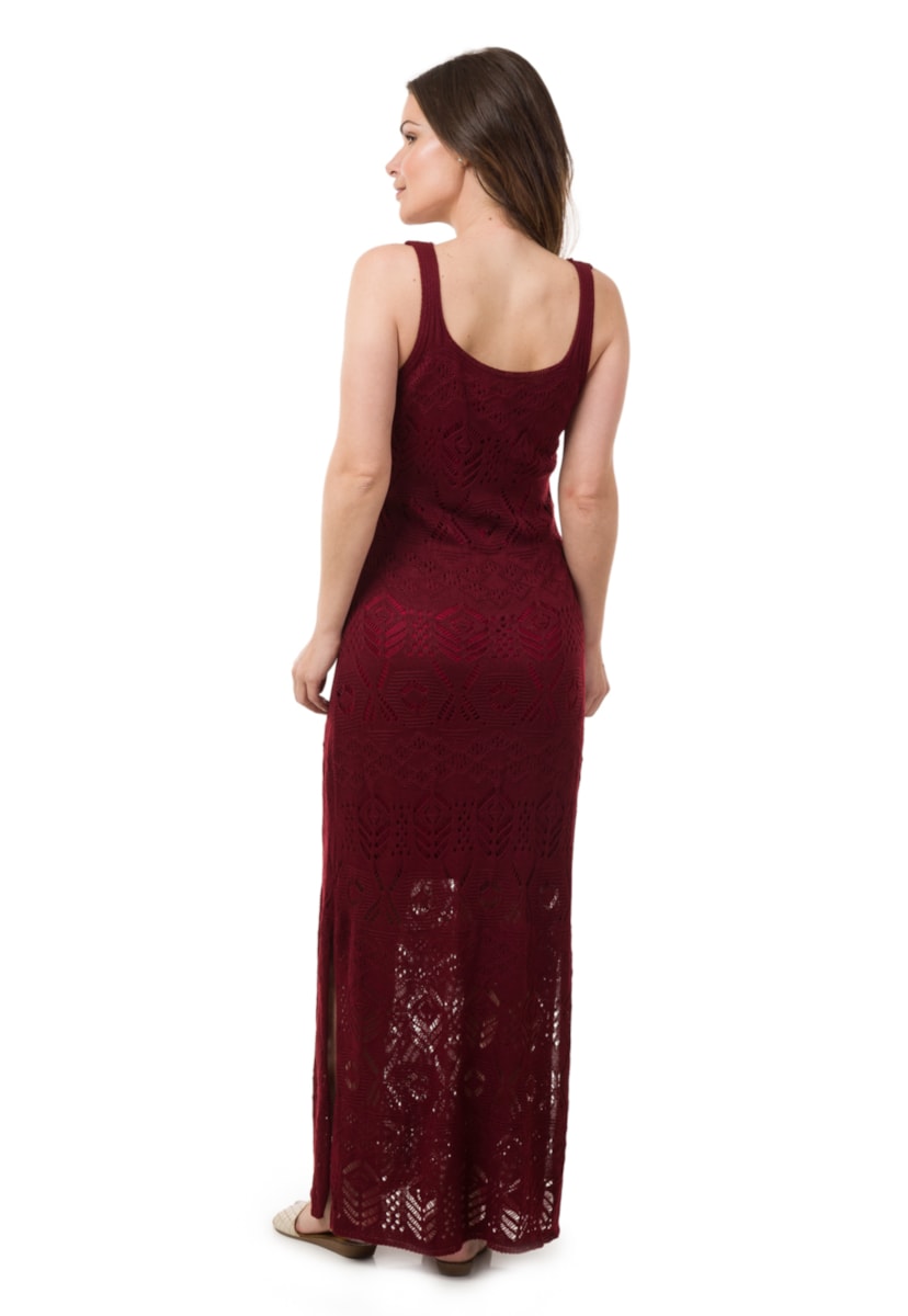 Vestido de Tricô Pink Tricot Longo Para Festa De Casamento Feminino Rendado Bordô