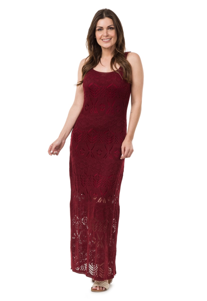 Vestido de Tricô Pink Tricot Longo Para Festa De Formatura Feminino Rendado Bordô