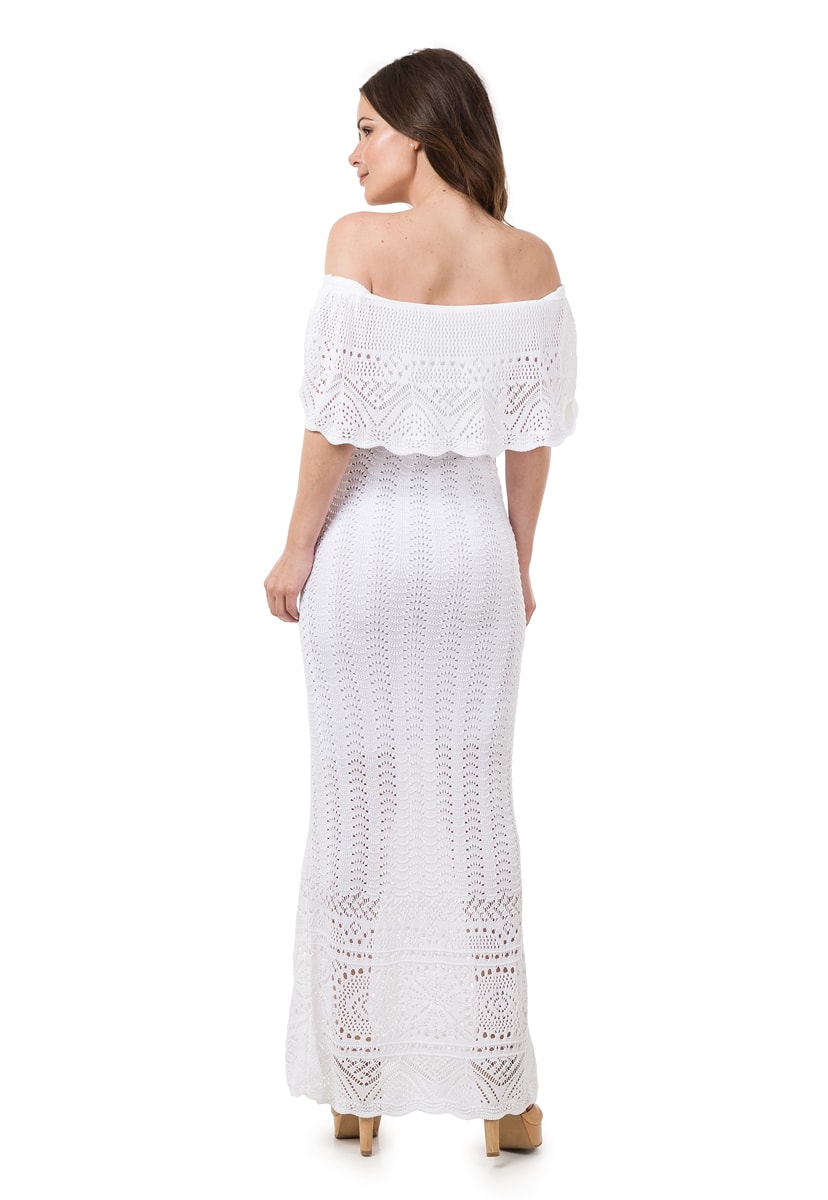 Vestido de Tricô Pink Tricot Para Festa de Casamento Longo Ombro a Ombro Feminino Branco