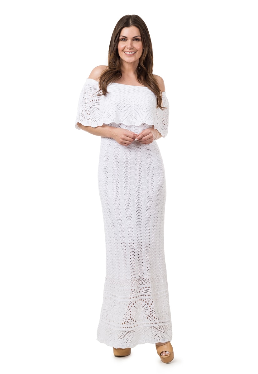 Vestido de Tricô Pink Tricot Para Festa de Casamento Longo Ombro a Ombro Feminino Branco