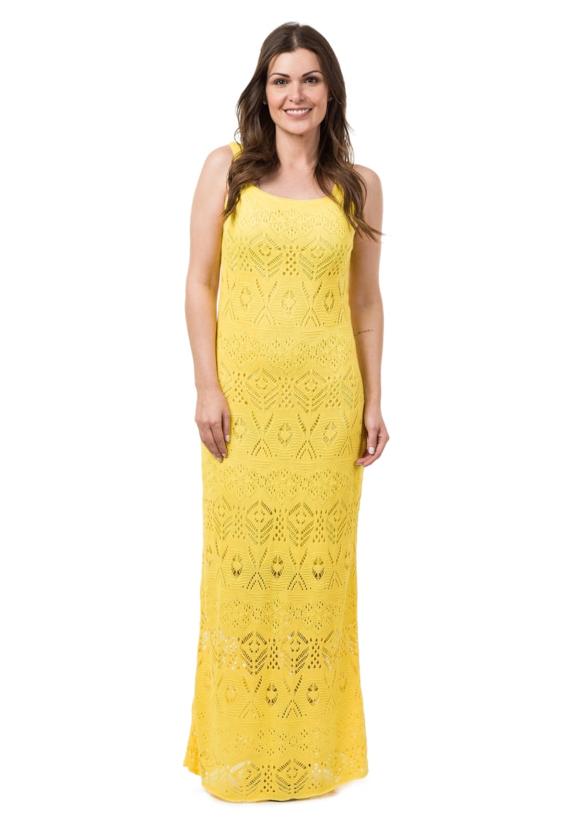 Vestido de Tricô Pink Tricot Para Festa de Casamento Longo Rendado Feminino Amarelo