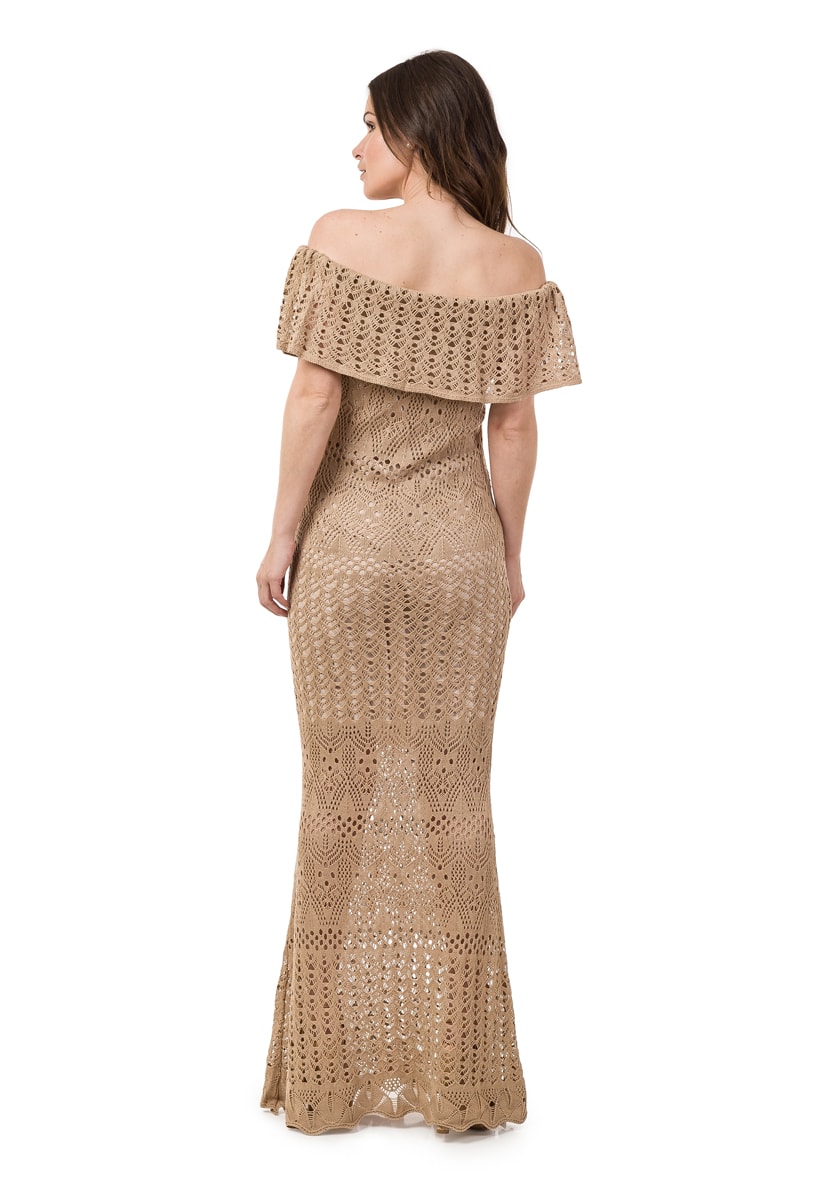 Vestido de Tricô Pink Tricot Para Gestantes Longo Ombro a Ombro Sereia Feminino Dourado