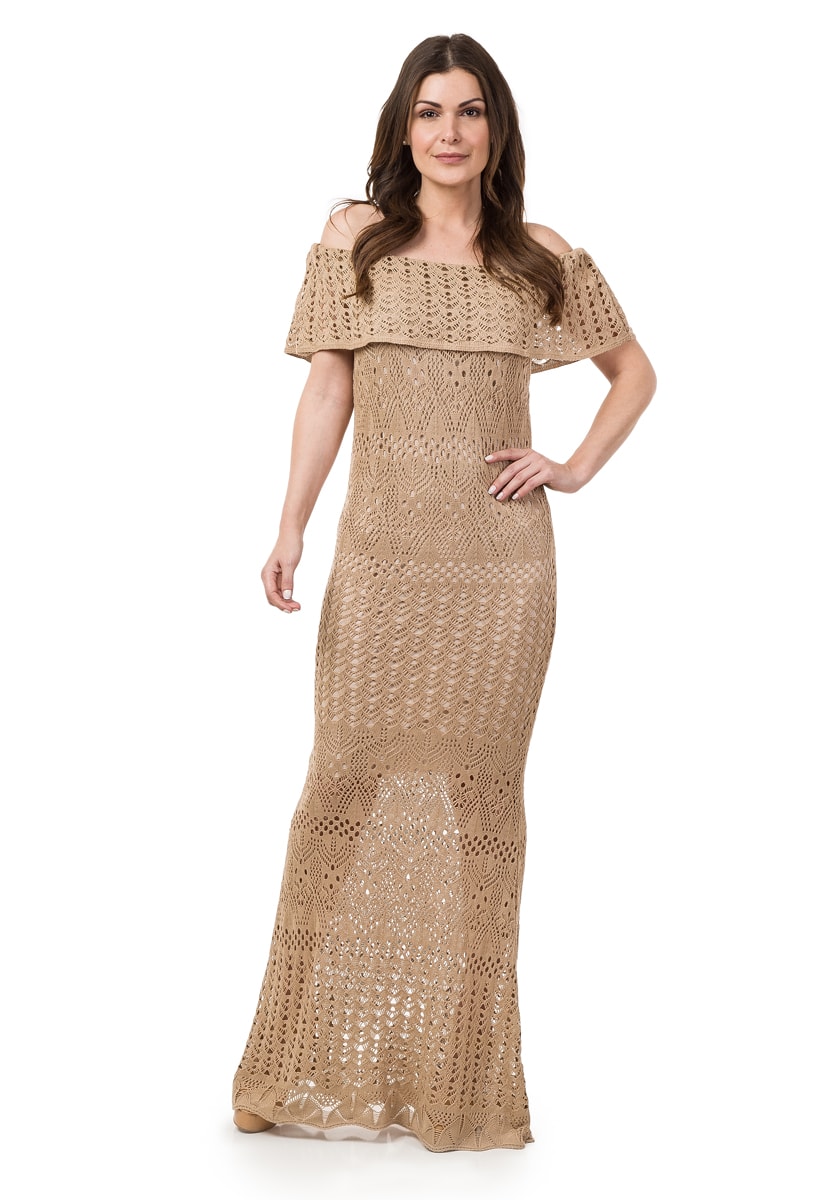 Vestido de Tricô Pink Tricot Para Gestantes Longo Ombro a Ombro Sereia Feminino Dourado