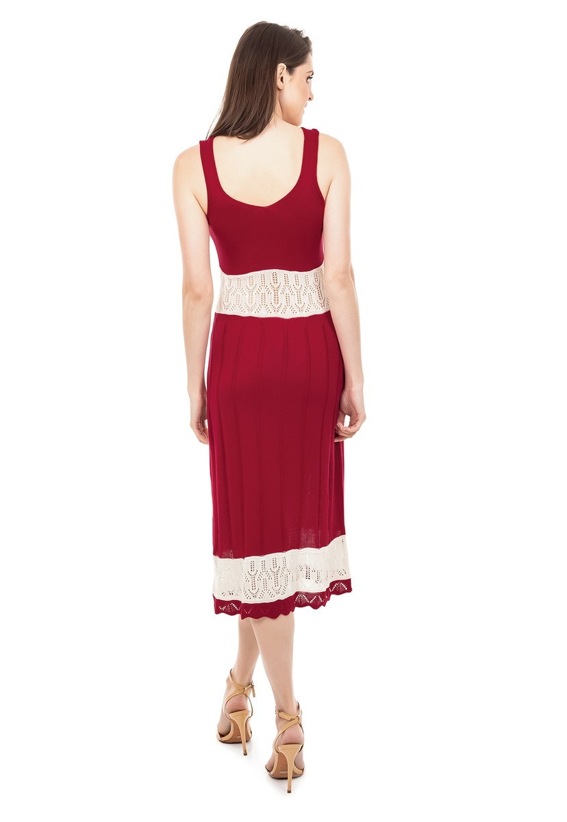 Vestido de Tricot Midi Listrado Alça Decote V Feminino Vermelho