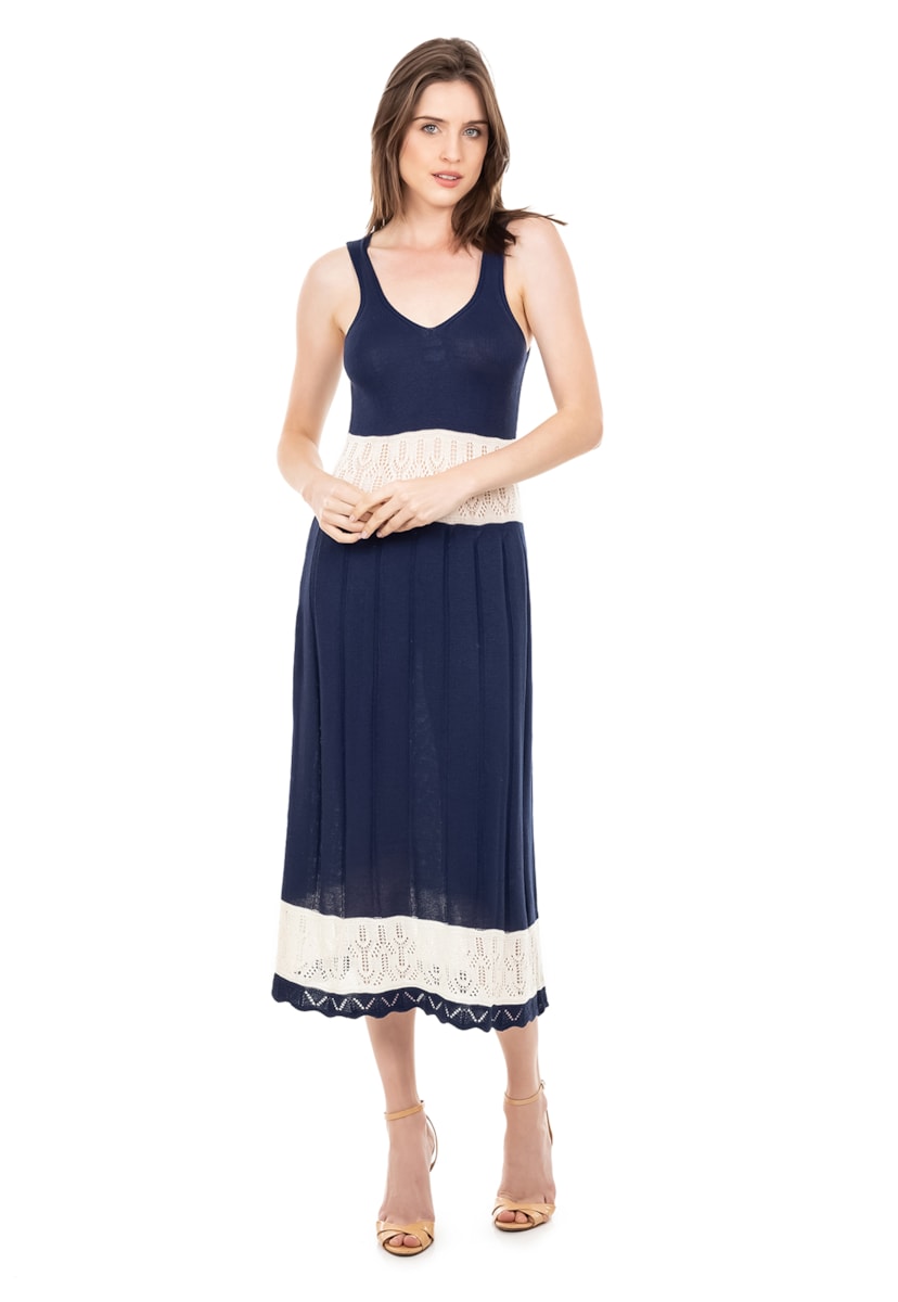 Vestido de Tricot Midi Listrado Para Festa De Formatura Alça Decote V Feminino Azul Marinho