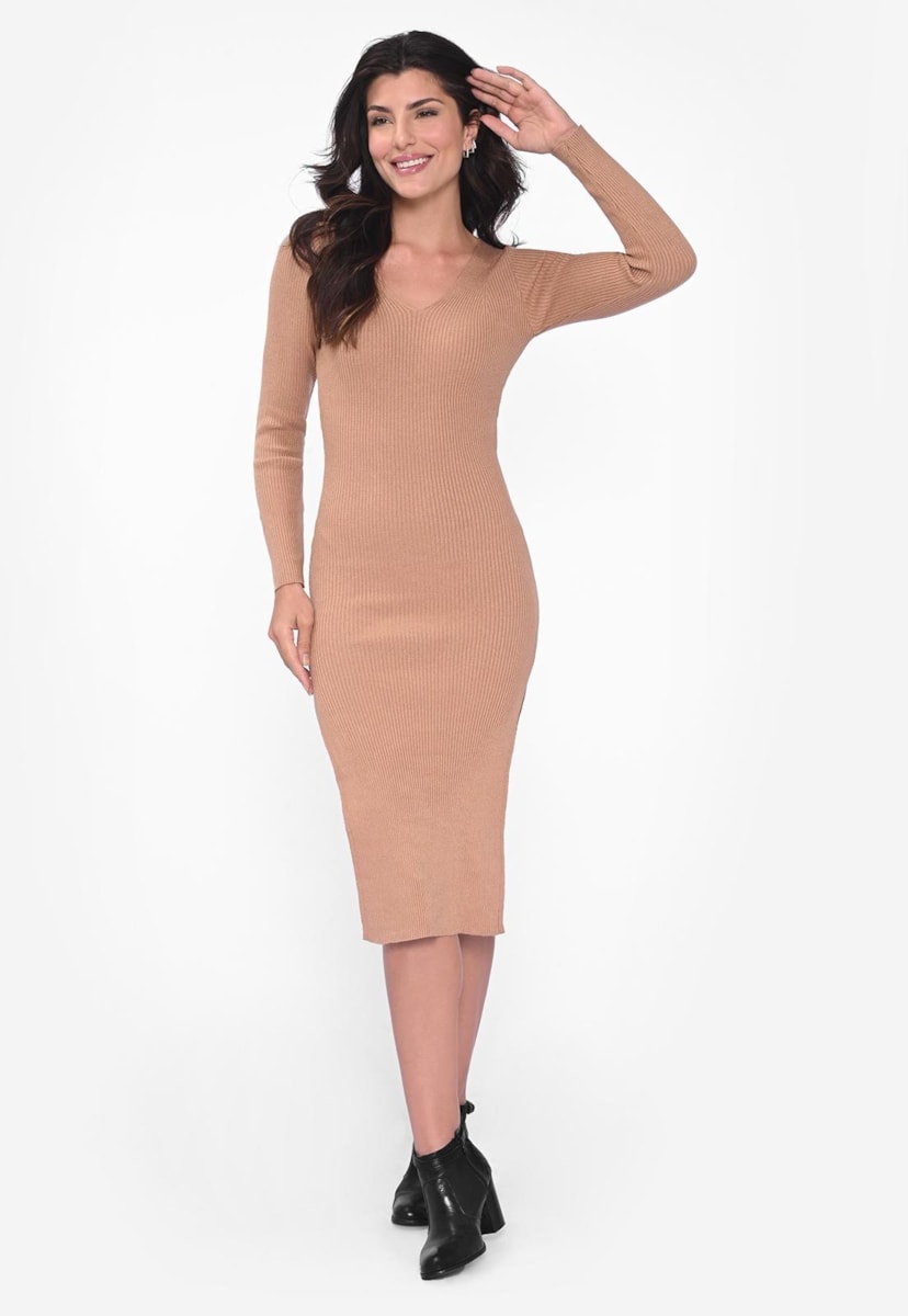 Vestido de Tricot Midi Modal Manga Longa Feminino Inverno Caramelo