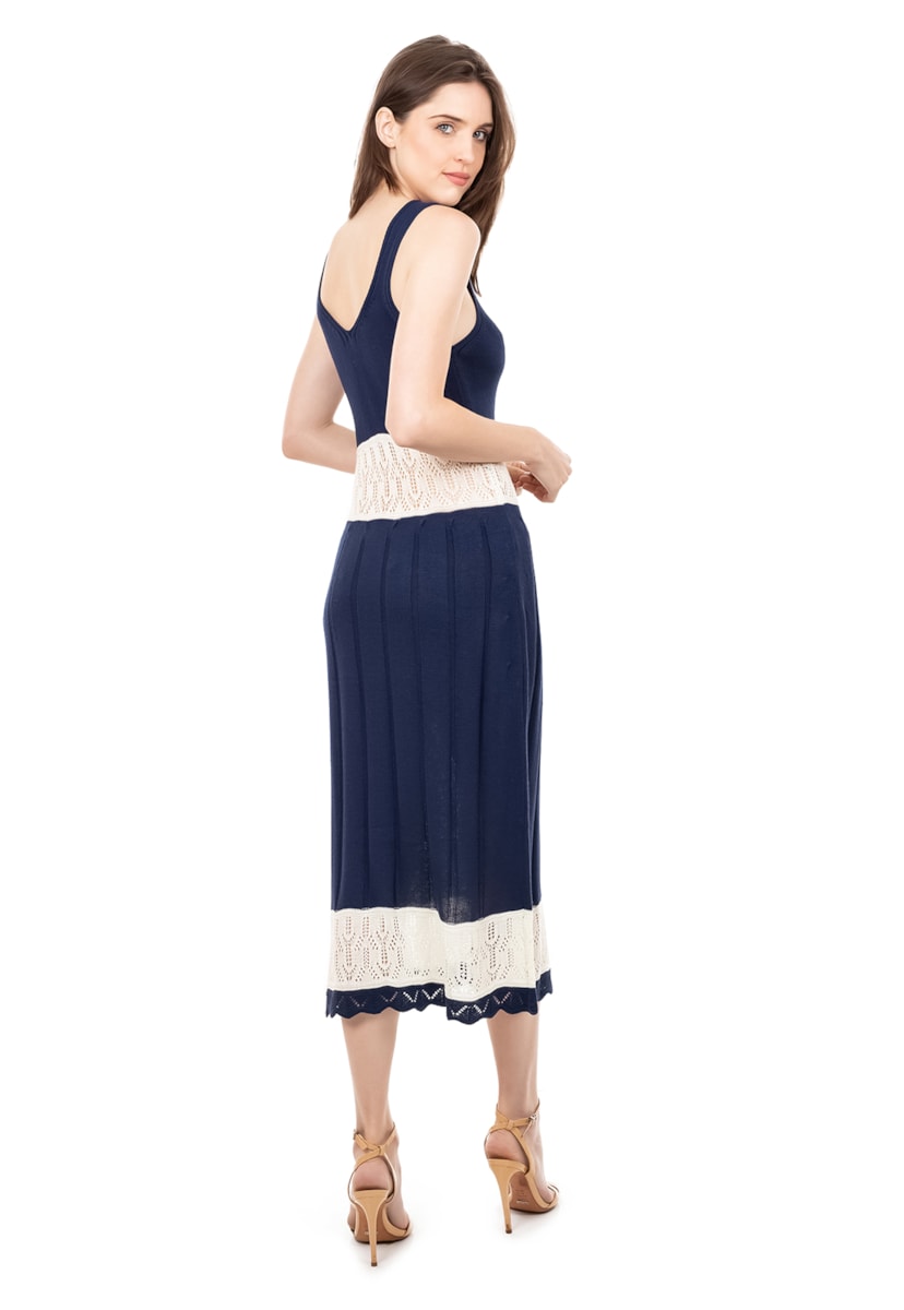 Vestido de Tricot Midi Para Gestantes Listrado Alça Decote V Feminino Azul Marinho