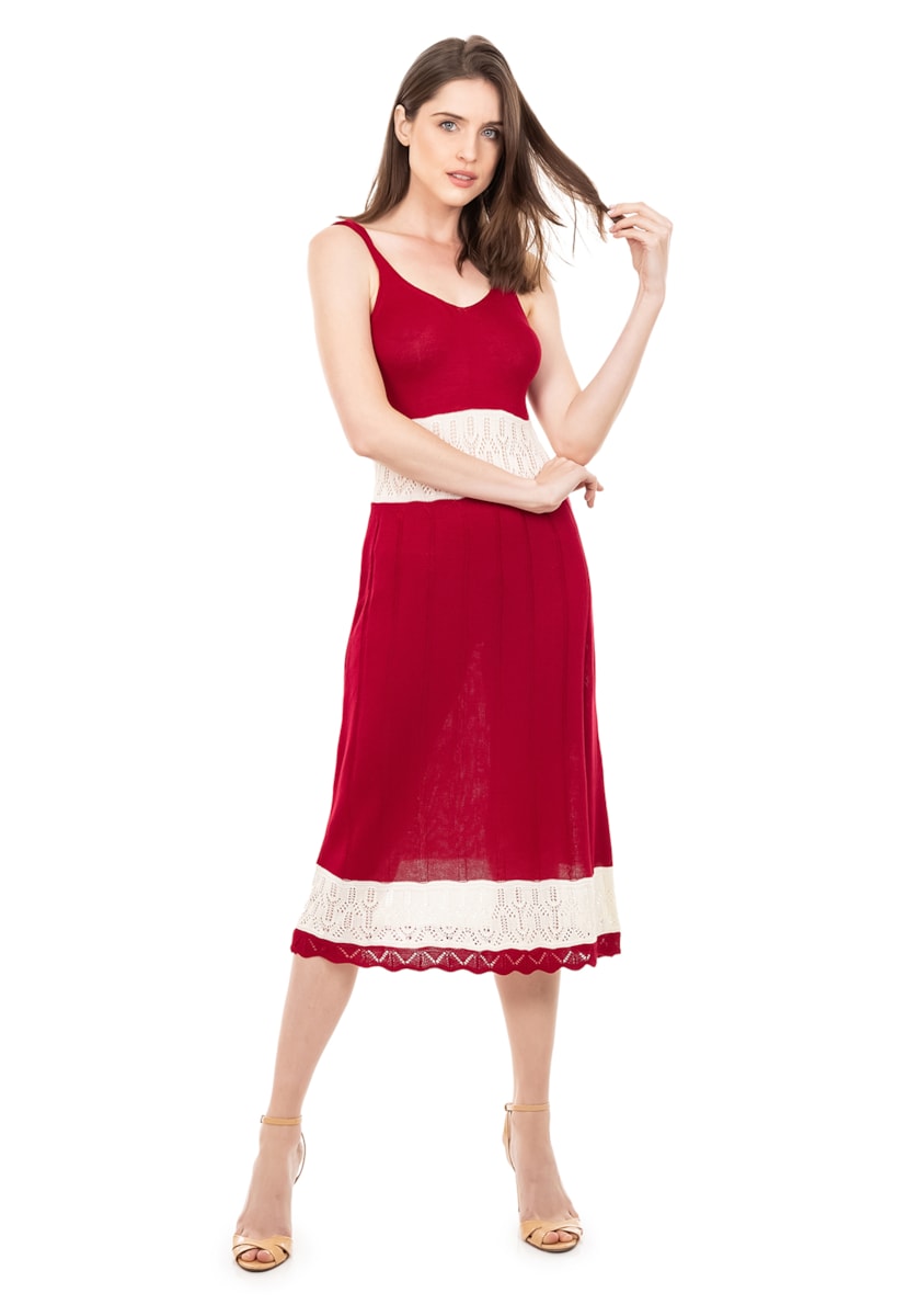 Vestido de Tricot Midi Para Gestantes Listrado Alça Decote V Feminino Vermelho