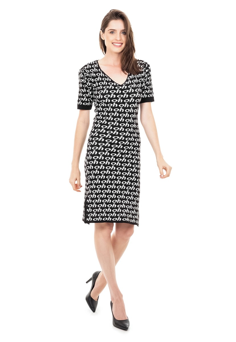 Vestido de Tricot Modal Curto Estampado Manga Curta e Abertura nas Laterais Feminino Preto com Branco