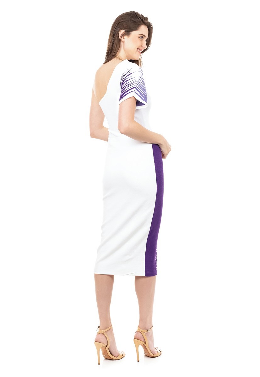 Vestido de Tricot Modal Midi Ombro Único Listrado Feminino Branco com Roxo