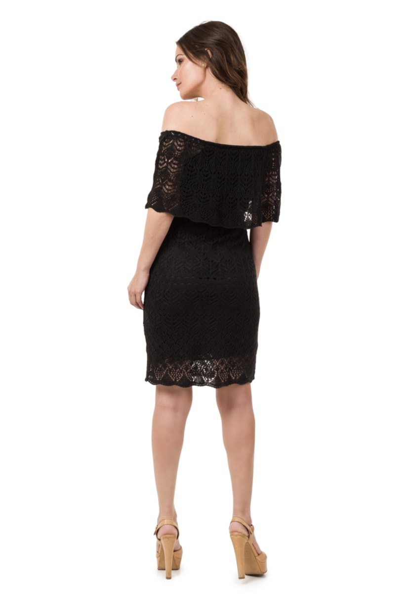 Vestido Feminino Curto de Tricô Pink Tricot Para Ensaio Pré-Wedding Ombro a Ombro Preto