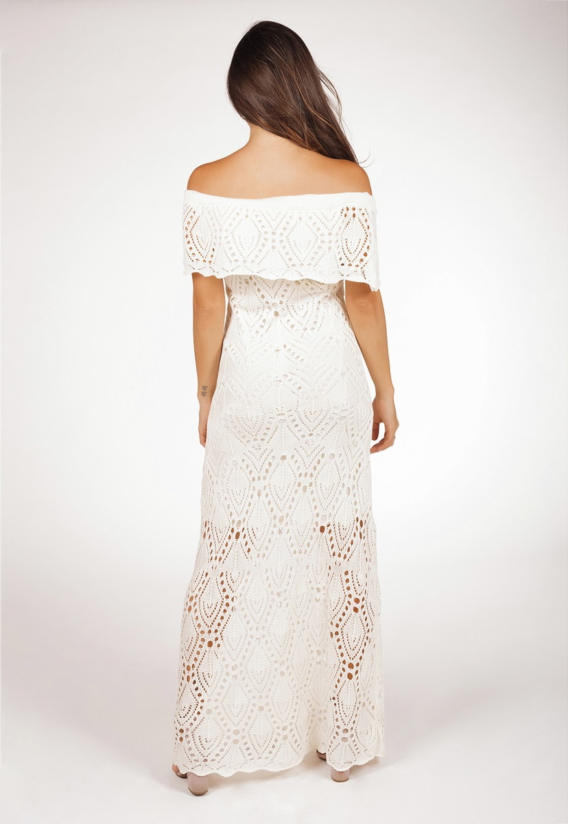Vestido Feminino Pink Tricot De Tricô Longo Pala Ombro a Ombro Branco