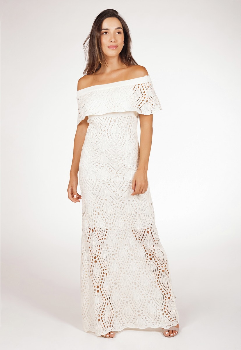 Vestido Feminino Pink Tricot De Tricô Longo Pala Ombro a Ombro Branco