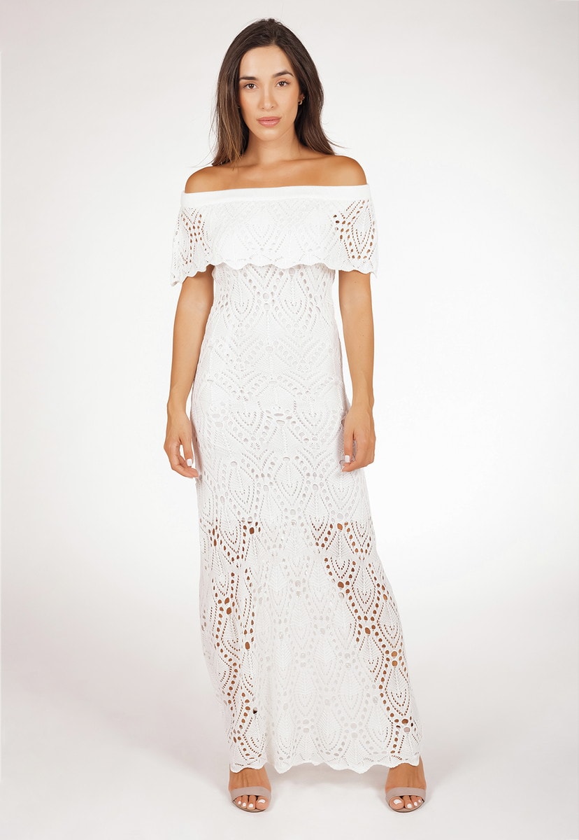 Vestido Feminino Pink Tricot Longo Pala De Tricô Ombro a Ombro Feminino Off White