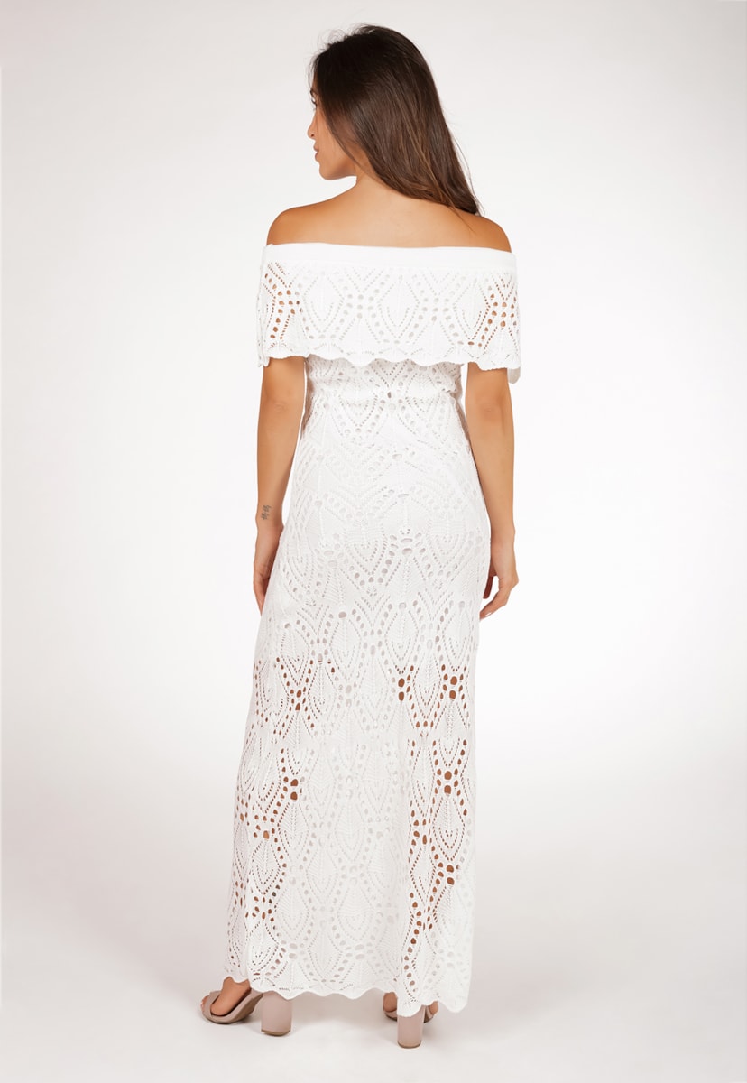 Vestido Feminino Pink Tricot Para Gestante De Tricô Longo Pala Ombro a Ombro Branco