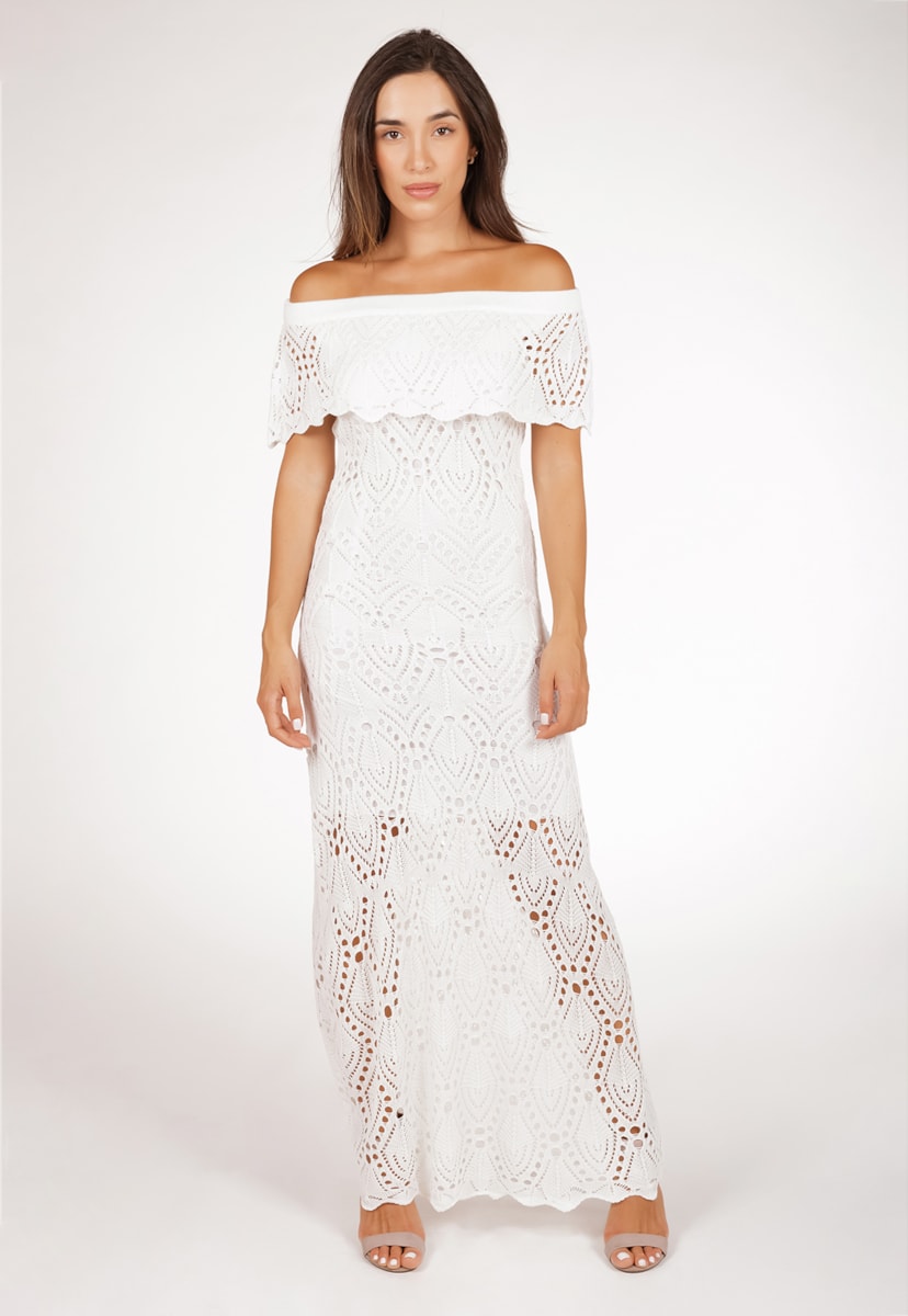 Vestido Feminino Pink Tricot Para Gestante De Tricô Longo Pala Ombro a Ombro Branco
