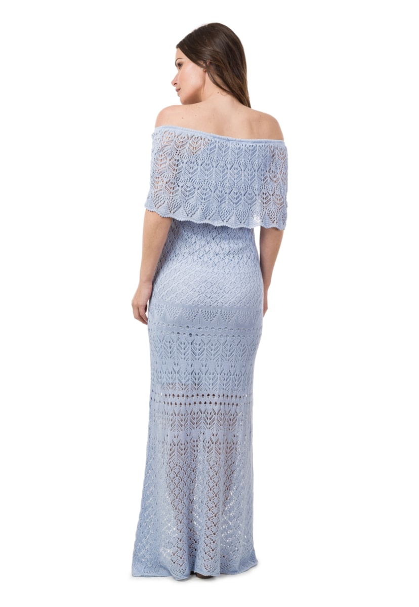 Vestido Feminino Pink Tricot Para Gestante Longo Ombro a Ombro Azul Claro