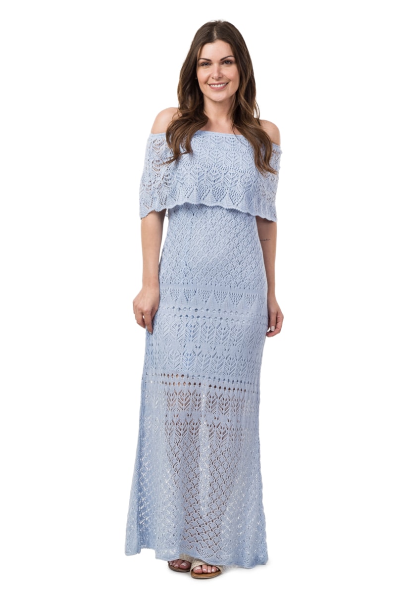 Vestido Feminino Pink Tricot Para Gestante Longo Ombro a Ombro Azul Claro