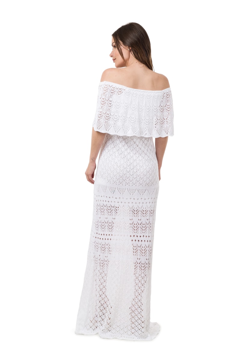 Vestido Feminino Pink Tricot (Tricô) Longo Ombro a Ombro Branco
