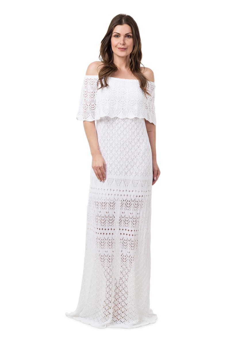 Vestido Feminino Pink Tricot (Tricô) Longo Ombro a Ombro Branco